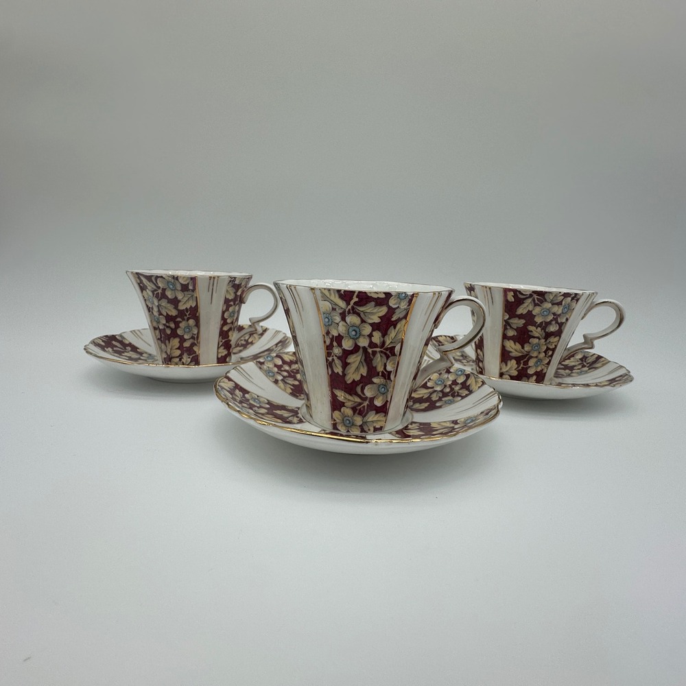 Royal Albert Brocade Art Deco Panel Shape Teacups and Saucers Set of 3 Burgundy